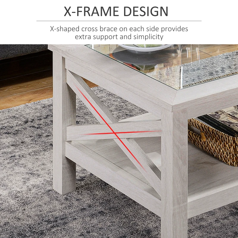HOMCOM Coffee Table with Tempered Glass Tabletop, Living Room Table with Wood Frame and Underneath Storage Shelf, White Oak