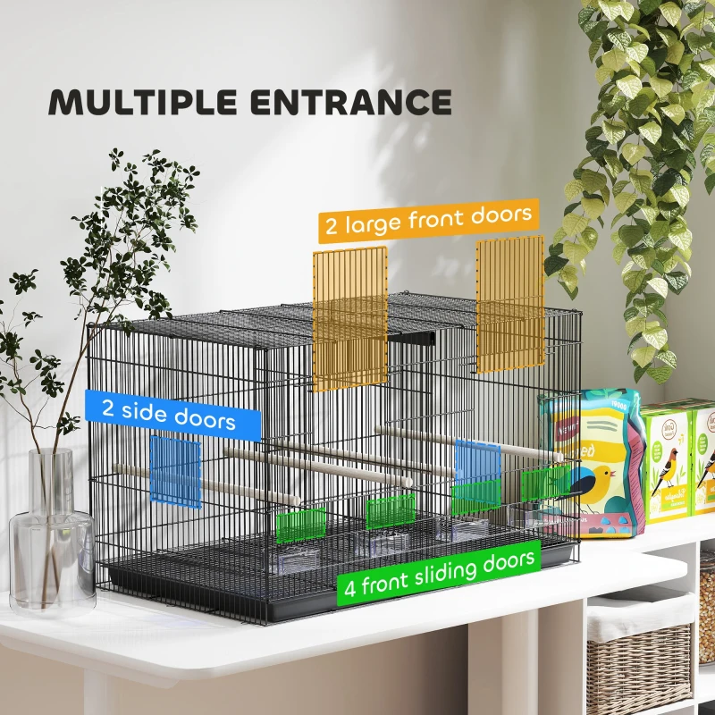 PawHut 18" H Bird Cage, Large Parakeet Cage for Budgie, Lovebird, Canary, Finches with Divider, Black