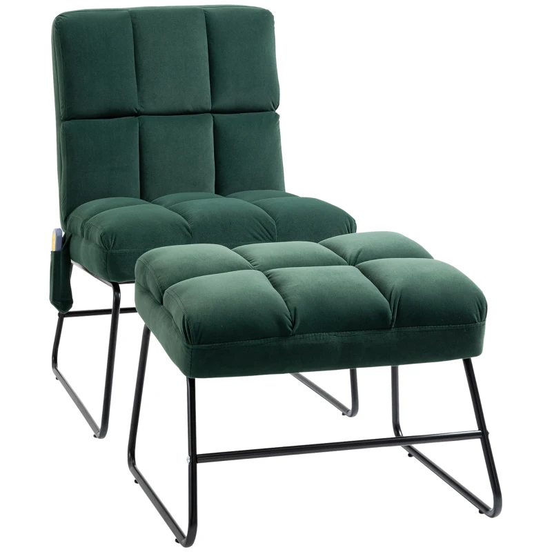 HOMCOM Accent Chair with Ottoman, Velvet Club Chair with Vibration Massage, Remote Control and Metal Legs for Living Room, Bedroom, and Home Office, Green