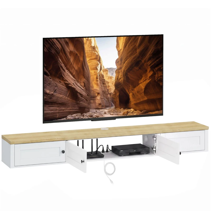 HOMCOM Floating TV Stand for TVs up to 72 Inch, Modern Wall Mounted Media Console with Power Outlets, White