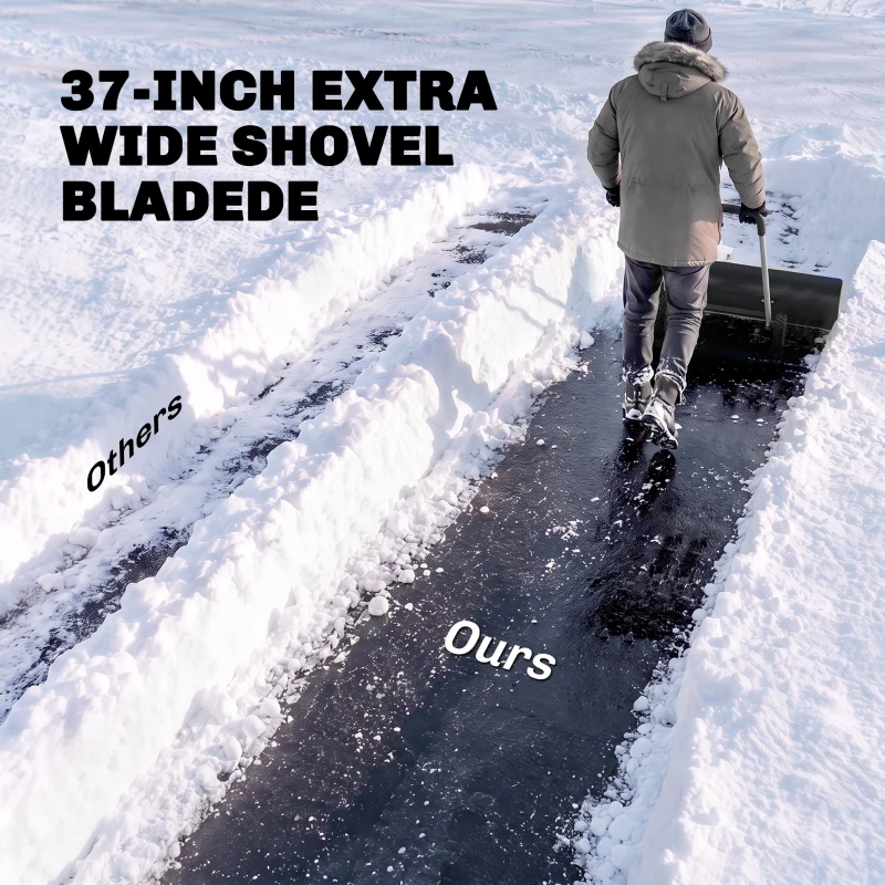 Outsunny 37-Inch Extra Wide Snow Shovel with Wheels, Heavy Duty Aluminum Snow Pusher with Ergonomic Adjustable Handle, Black