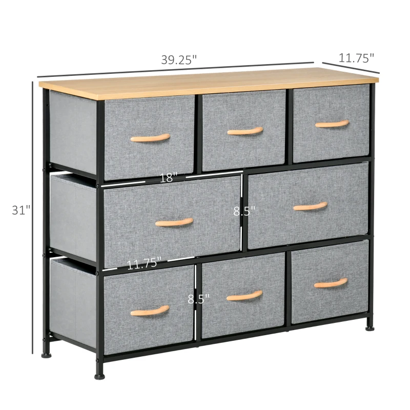 HOMCOM 8-Drawer Dresser, 3-Tier Fabric Chest of Drawers, Storage Tower Organizer Unit with Steel Frame for Bedroom, Hallway, Light Gray