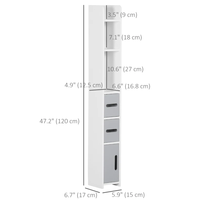 kleankin Freestanding Tall Bathroom Cabinet, Narrow Bathroom Storage Cabinet with Shelves and Cupboards, Grey and White