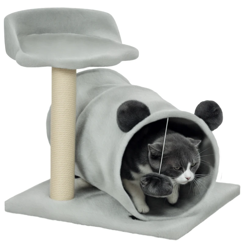 PawHut 18.5" Small Cat Tree, Compact Cat Tower with Tunnel, Scratching Post, Plush Bed, Dangling Ball, for Indoor Use, Grey