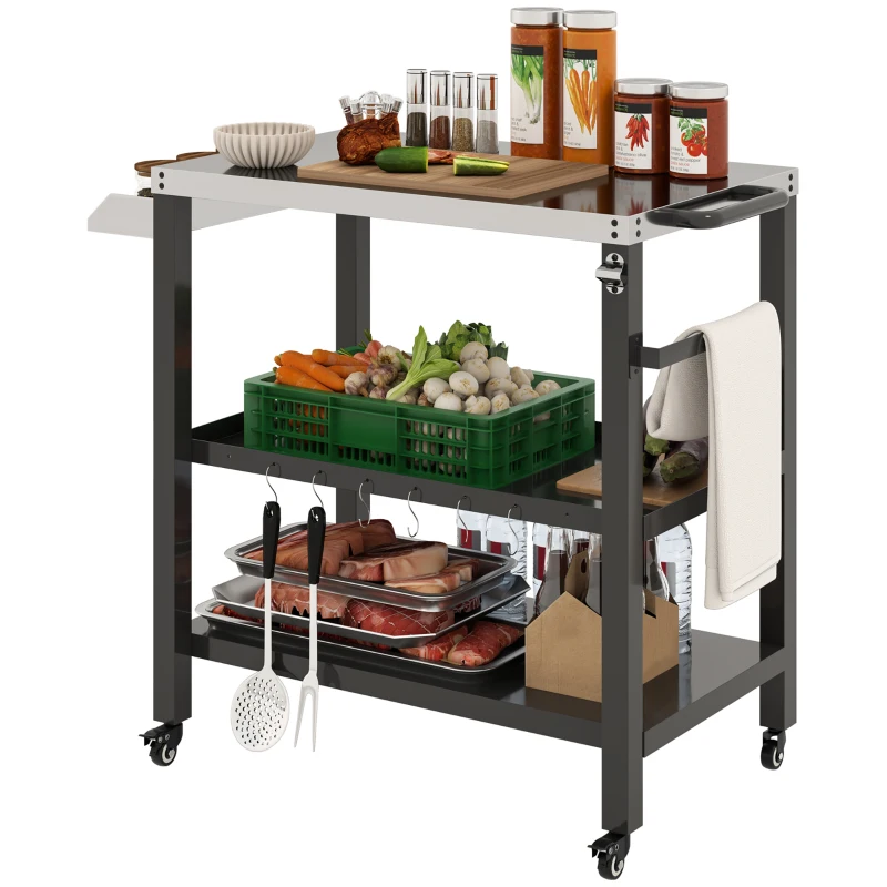 Outsunny Outdoor Kitchen Bar Cart BBQ Table with Wheels, Stainless Steel Pizza Oven Stand, Movable Prep Table with Hooks