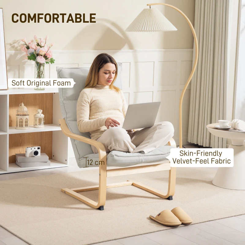 HOMCOM Birch Wood Fabric Modern Armchair, Accent Chair with Curved Leg and Arm for Living Room, Cream White