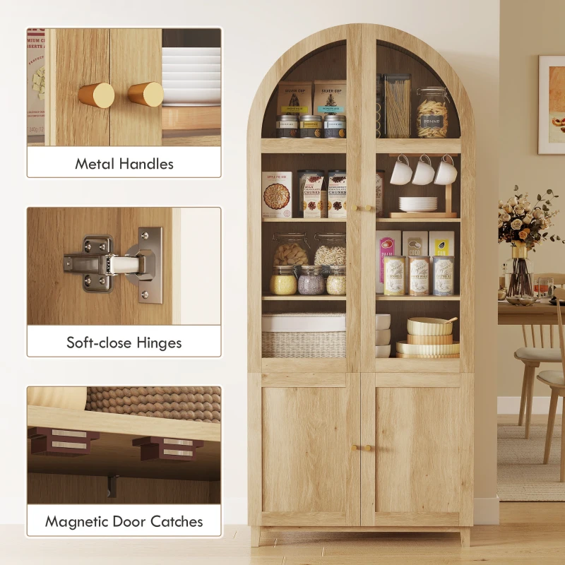 HOMCOM Arched Kitchen Pantry Cabinet, 71" Tall Farmhouse Kitchen Storage Cabinet with Acrylic Glass Doors, Oak
