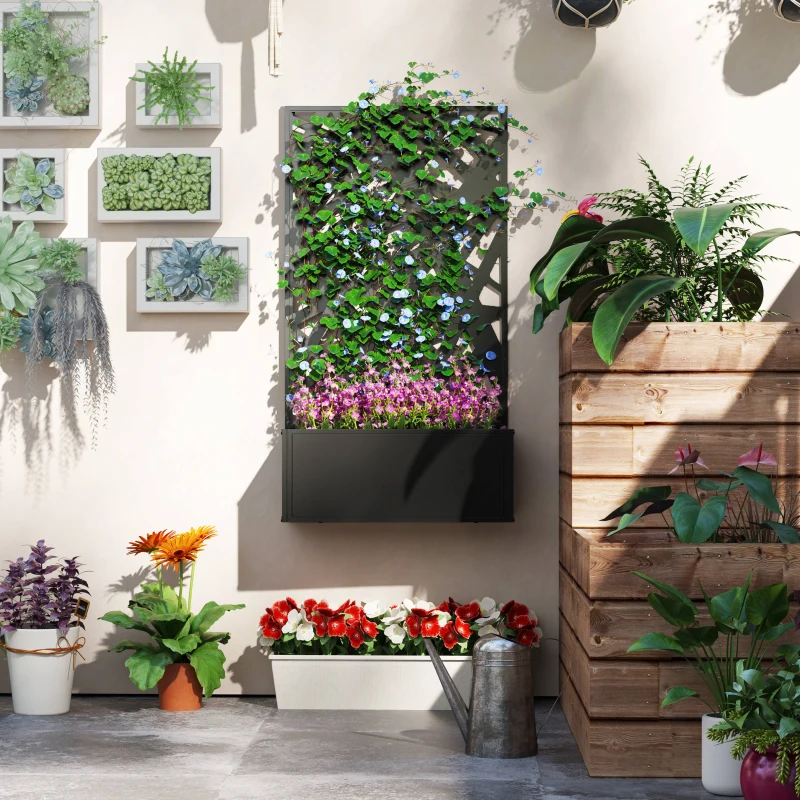 Outsunny Raised Garden Bed with Trellis, Freestanding/Wall Mounted Metal Garden Box with Privacy Panel, Irregular Line Cut-Outs