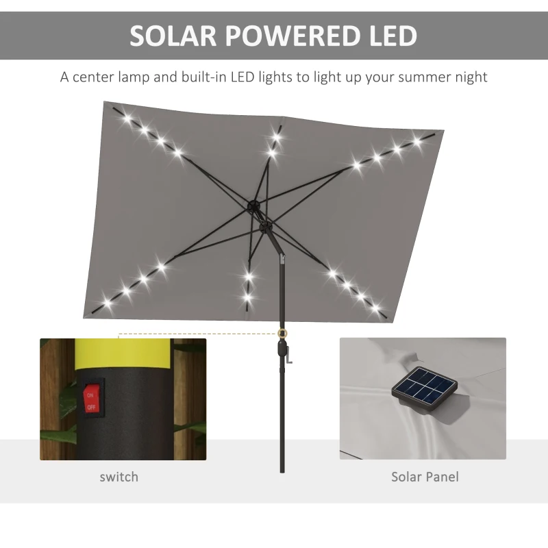 Outsunny 6.5x10ft Patio Umbrella Tilt Aluminum Outdoor Market Parasol with Solar Powered LEDs, Crank - Light Grey