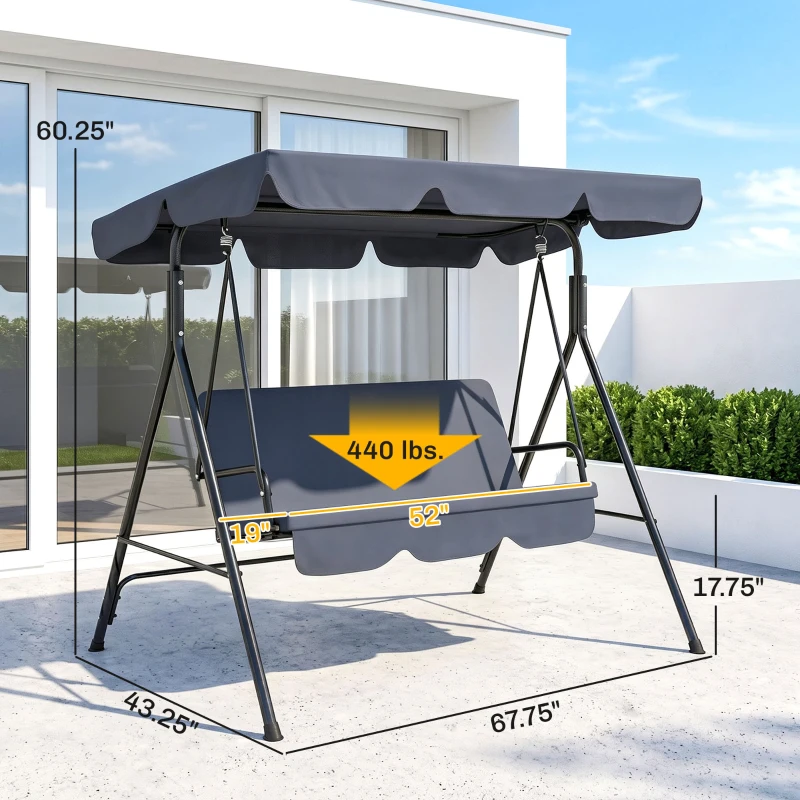 Outsunny 3-Seat Outdoor Patio Swing Chair with Removable Cushion, Steel Frame Stand and Adjustable Tilt Canopy for Patio, Garden, Poolside, Balcony, Backyard, Gray