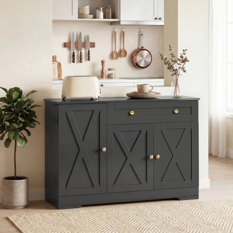 HOMCOM Sideboard Buffet Cabinet, Farmhouse Coffee Bar Cabinet with Door Shelves, Adjustable Shelves, Drawer, Barn Doors, Black