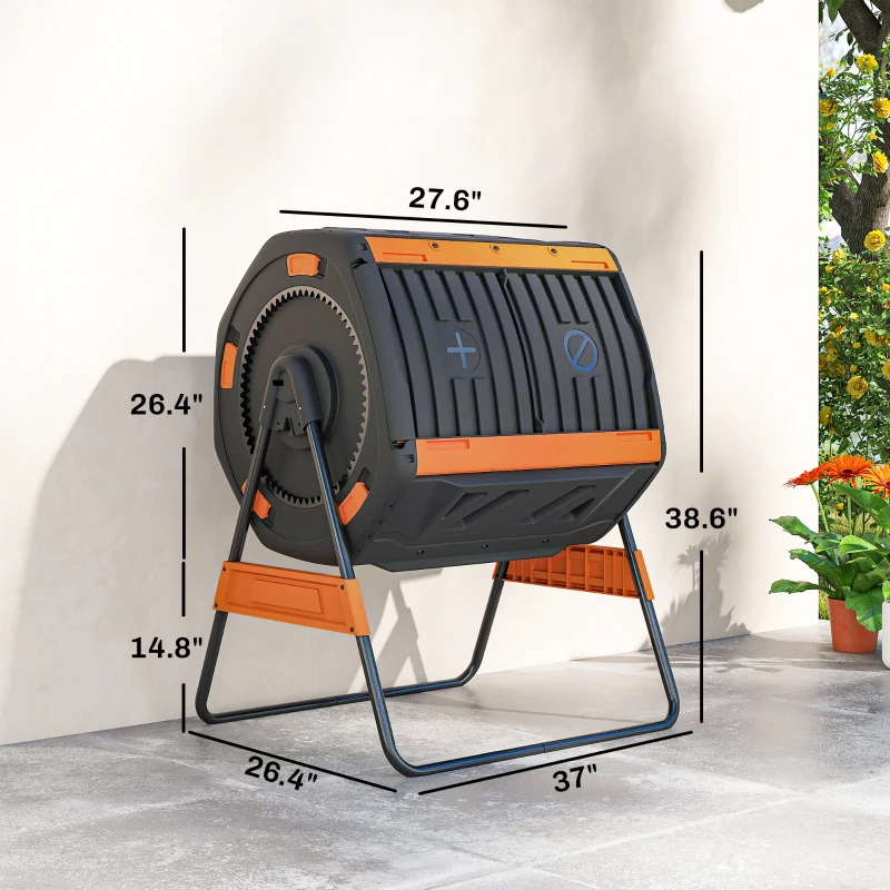 Outsunny Compost Bin Outdoor, 53 Gal Dual Chamber Tumbling Composter with Adjustable Vents, BPA Free Tumbling Composter, Orange