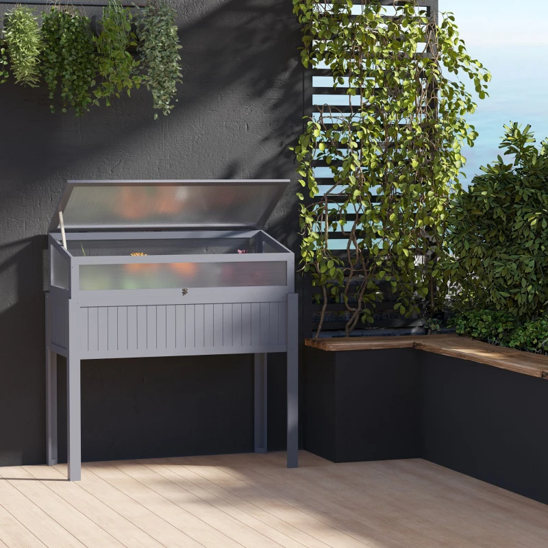 Outsunny Raised Wood Cold Frame Greenhouse, Elevated Planter & Plant Protection Box, 2-IN-1 for Flowers, Vegetables, Herbs, Grey