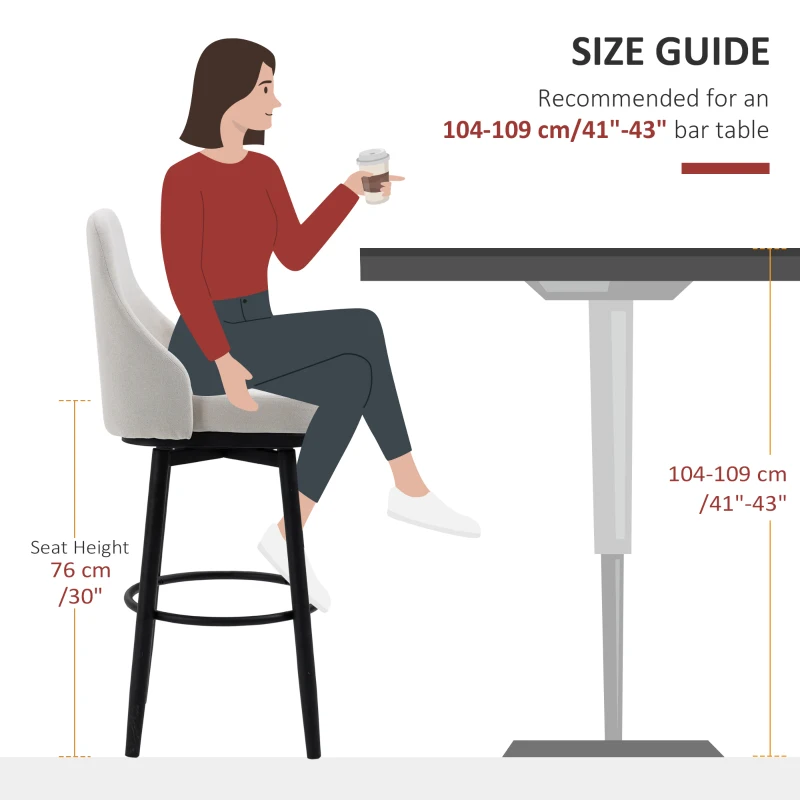 HOMCOM Bar Height Bar Stools Set of 2, Modern 360° Swivel Kitchen Chairs with Steel Legs and Footrest, Cream White