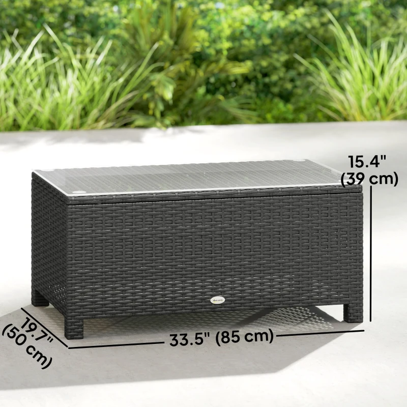 Outsunny PE Wicker Outdoor Coffee Table with Glass Top Garden Patio Table, Dark Grey