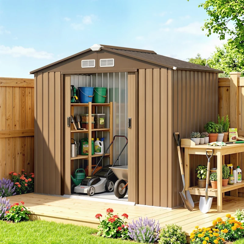Outsunny 7' x 4' Outdoor Storage Shed, Garden Tool House w/ Foundation Kit Vents & Sliding Doors for Backyard Patio, Brown