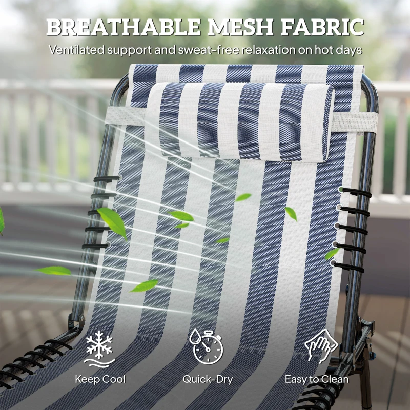 Outsunny 2 Folding Chaise Lounge Pool Chairs with 4-Position Reclining Back, Pillow, Breathable Mesh & Bungee Seat, Blue White