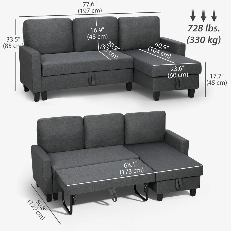 HOMCOM 77.6" Sofa Bed, Pull Out Sleeper L Shaped Sectional Couch, Reversible Storage Chaise, Wide and Deep Seat, Charcoal Grey