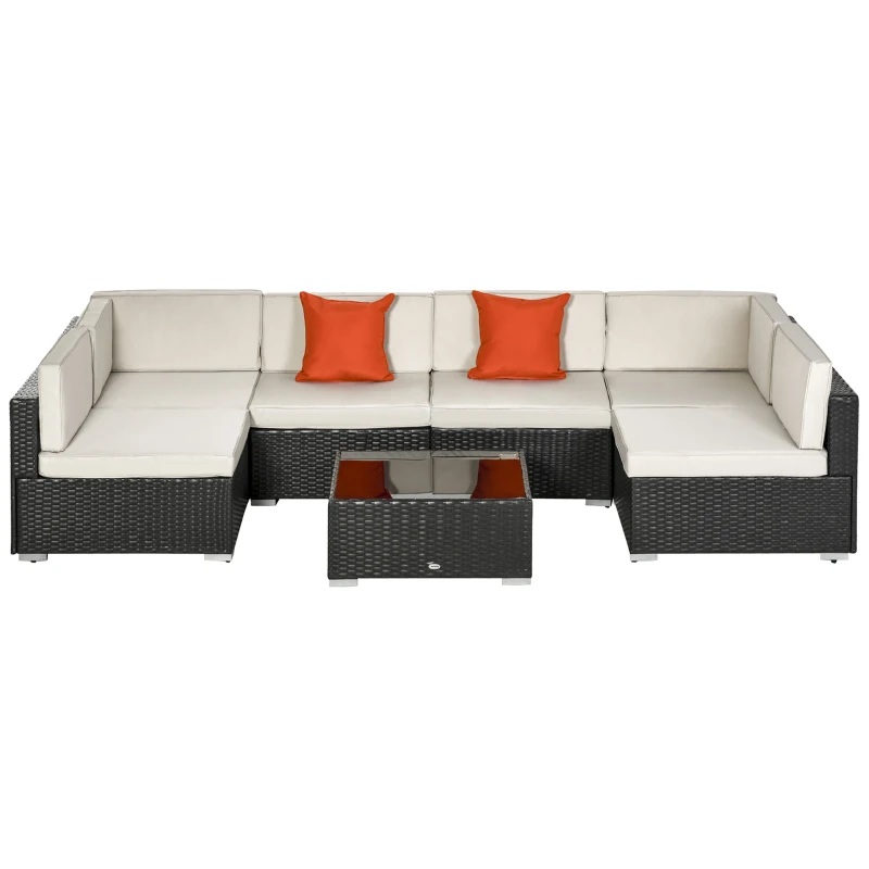Outsunny 7 Piece Outdoor Patio Furniture Set, PE Rattan Wicker Sectional Sofa Set with Buckling Couch Cushions, Throw Pillows & Coffee Table, Dark Brown, Beige, Orange