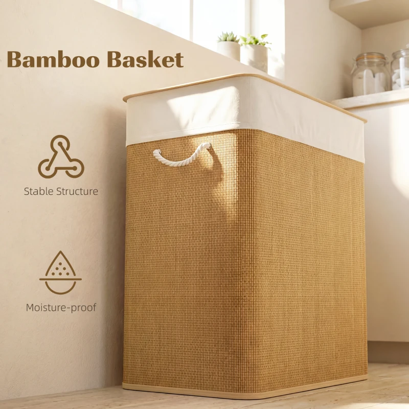 HOMCOM Double Laundry Basket with Lid, 100L Bamboo Laundry Hamper with Rope Handles and Removable Bags, Brown