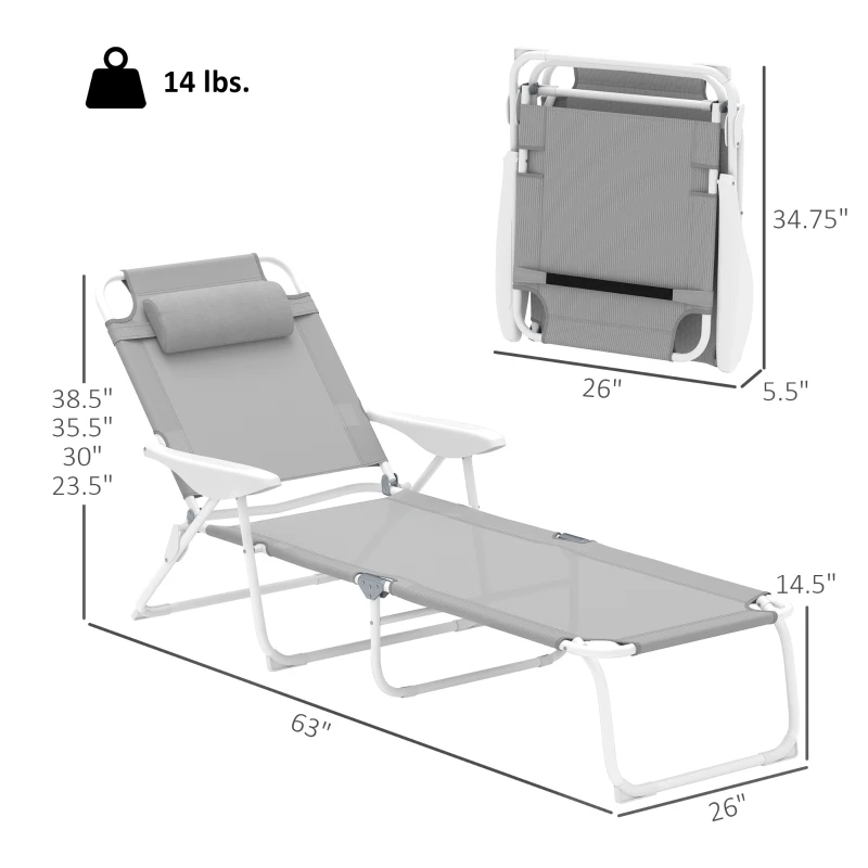Outsunny Folding Chaise Lounge, Outdoor Sun Tanning Chair, 4-Position Reclining Back, Armrests, Removable Pillow, Light Gray