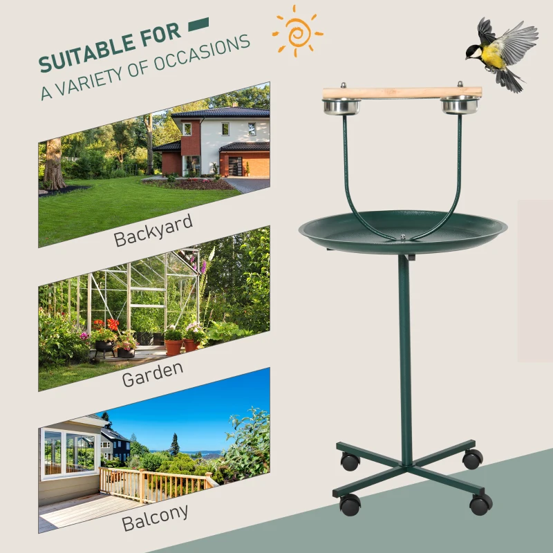 PawHut 48" Rolling T-Stand, Parrot Stand, Bird Training Activity Playground With Wheels and Perch,, Bird Play Perch, Green