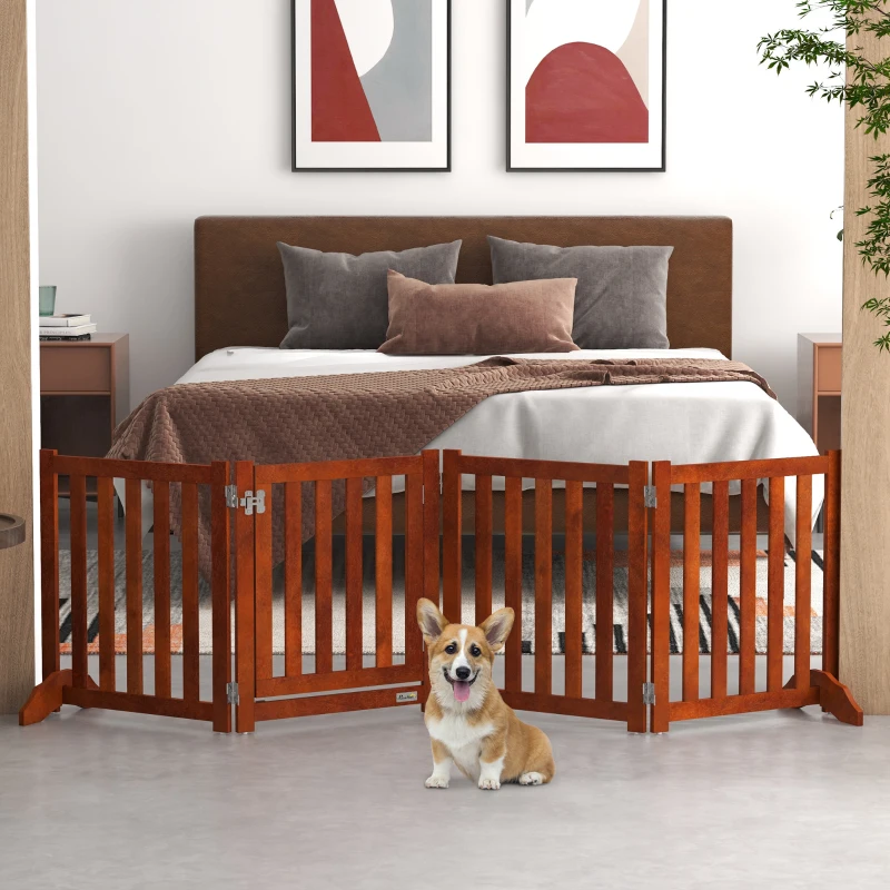PawHut Foldable Dog Gate with Door, 4 Panels Fressstanding Pet Gate, Brown