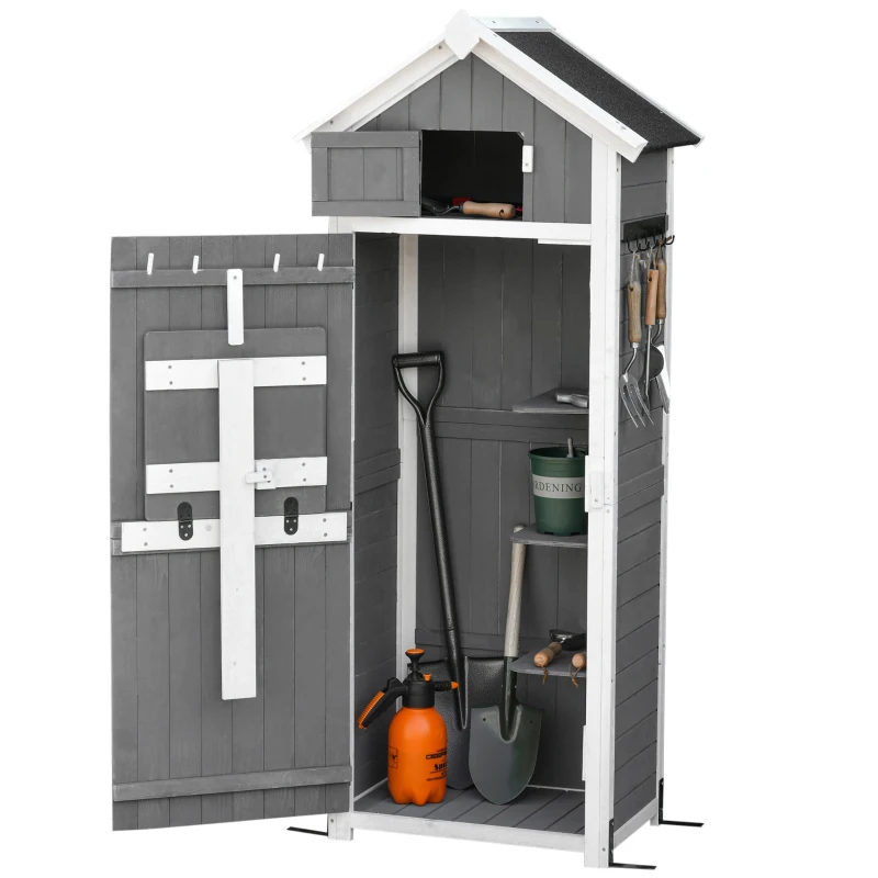 Outsunny 30.75''x 20.75''x71.75'' Garden Wood Storage Shed with Workstation, Hooks and Ground Nails Multifunction Lockable Sheds & Outdoor Storage Asphalt Roof Tool Organizer, Grey