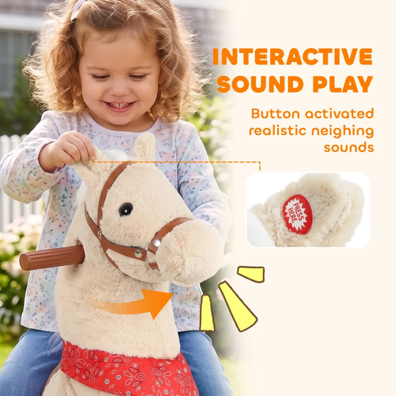 Qaba Ride on Horse for Kids 2+ Years, Plush Ride On Pony Toys with Rotatable Head and Neighing Sounds, Light Brown