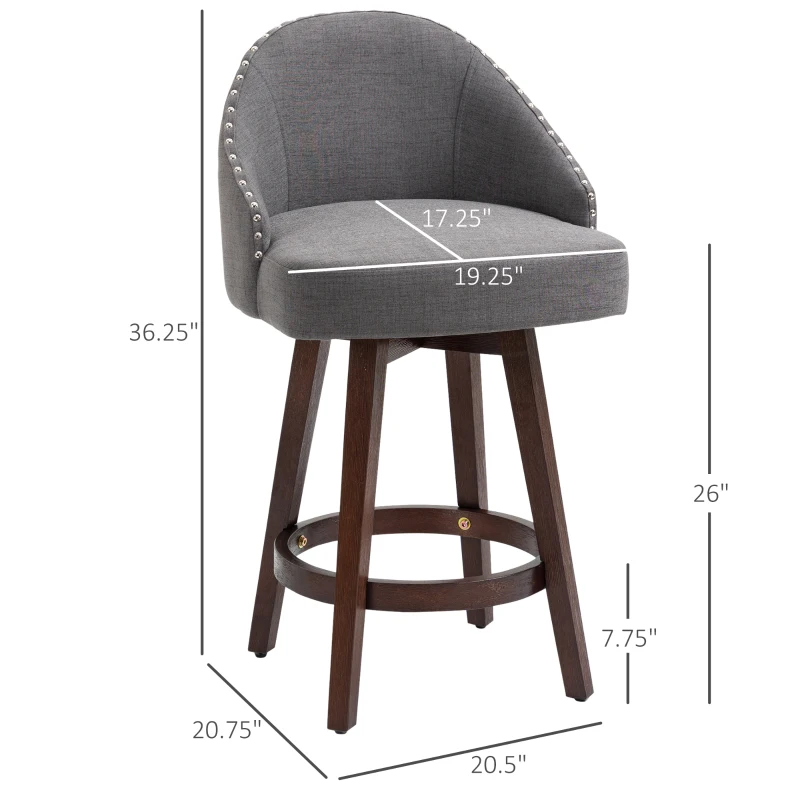 HOMCOM 26" Counter Height Bar Stools, Linen Fabric Kitchen Stools with Nailhead Trim, Rubber Wood Legs and Footrest for Dining Room, Counter, Pub, Set of 4, Dark Gray