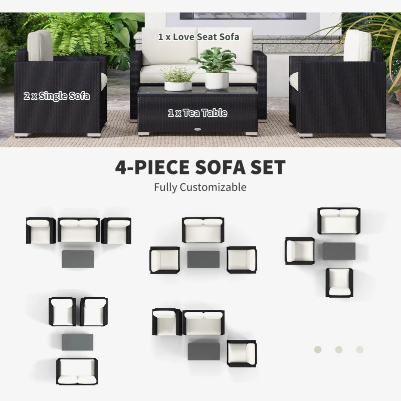 Outsunny 4 Pieces Rattan Sofa Set Wicker Patio Sofa Set with Loveseat Chairs Glass Top Coffee Table for Garden Outdoor Cream