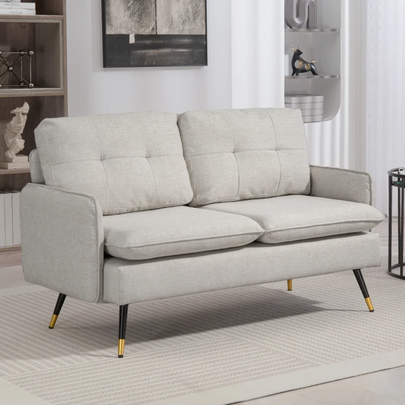 HOMCOM 55" Loveseat Sofa, Linen Love Seat w/ S spring, Steel Legs and Button Tufting, Small Couch for Living Room, Cream White