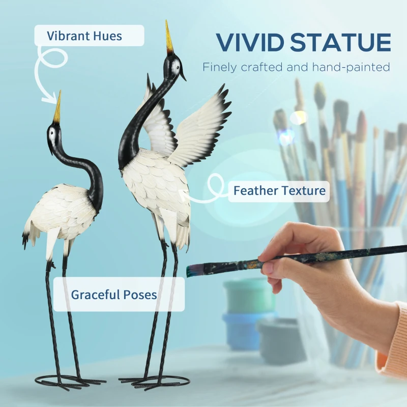 Outsunny Set of 2 Garden Sculptures, Heron Garden Statues for Lawn, Patio, Backyard Decoration, 35.5" & 40.5", White & Black