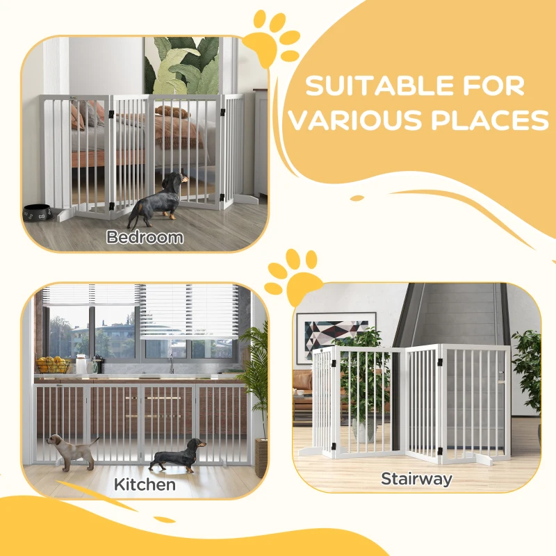 PawHut Free Standing Pet Gate, Foldable Dog Gates with 2 Support Feet, 4 Panels for Doorway Stairs, White
