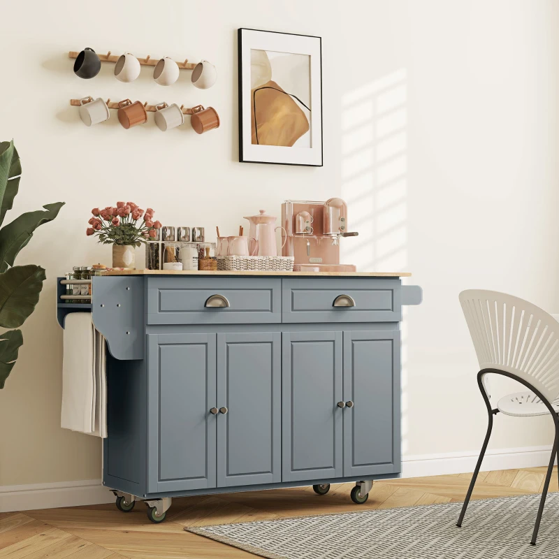 HOMCOM Rolling Kitchen Island Drop Leaf, Kitchen Cart on Wheels, Solid Wood Top Breakfast Nook with Storage Drawers, Gray