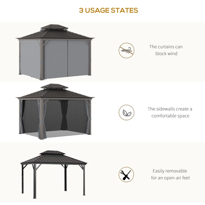 Outsunny 10' x 12' Hardtop Gazebo with Curtains and Netting, Permanent Pavilion Metal Double Roof Gazebo Canopy with Aluminum Frame and Hooks, for Garden, Patio, Backyard, Charcoal Gray