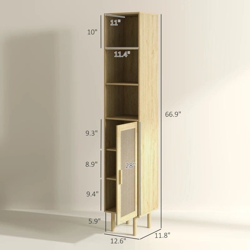 HOMCOM Tall Bathroom Cabinet with Rattan Doors, Freestanding Bathroom Storage Cabinet with Adjustable Shelves, Distressed Oak
