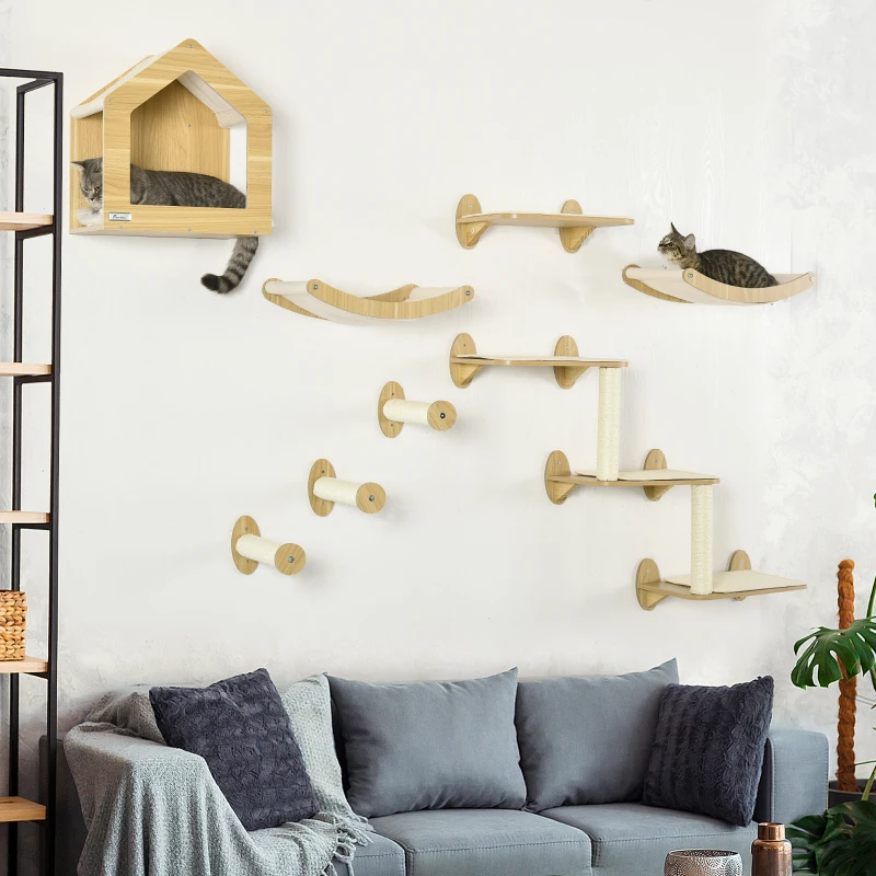 PawHut 8PCs Cat Wall Shelves Pet Wall-mounted Climbing Shelf Set with Cushion Condo Scratching Posts Hammock Oak