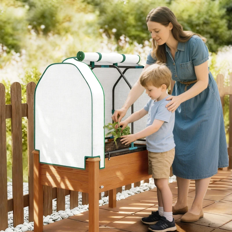 Outsunny Raised Garden Bed with PE Greenhouse Cover Outdoor Planter Box for Herbs and Vegetables, 35 x 22 x 47 inch, Brown