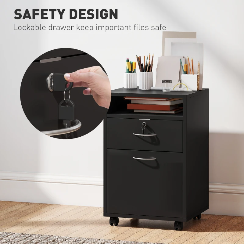 HOMCOM 24" Small Filing Cabinet with Open Compartment, Drawer and Wheels, Home Office Storage Cabinet, Black