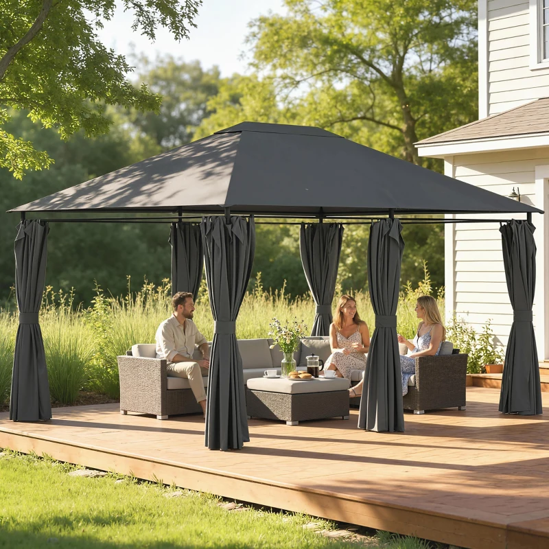 Outsunny 13'x 10' Soft-top Steel Patio Gazebo Canopy Party Tent with 6 Removable Curtains and Drainage Holes, Dark Grey
