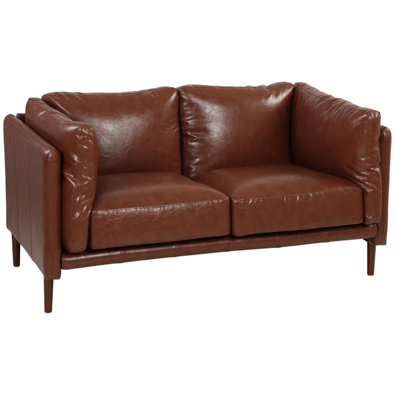 HOMCOM 59" Loveseat Sofa, PU Leather 2 Seater Sofa with Wide Seat, High-Density Foam, Thick Cushion, Wood Legs, Brown