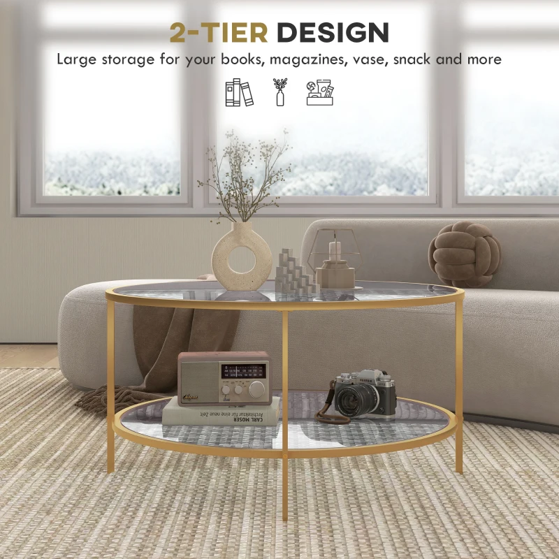 HOMCOM Side Table with Storage, 32" Round End Table, 2-Tier Tempered Glass Coffee Table with Steel Frame for Living Room, Gold