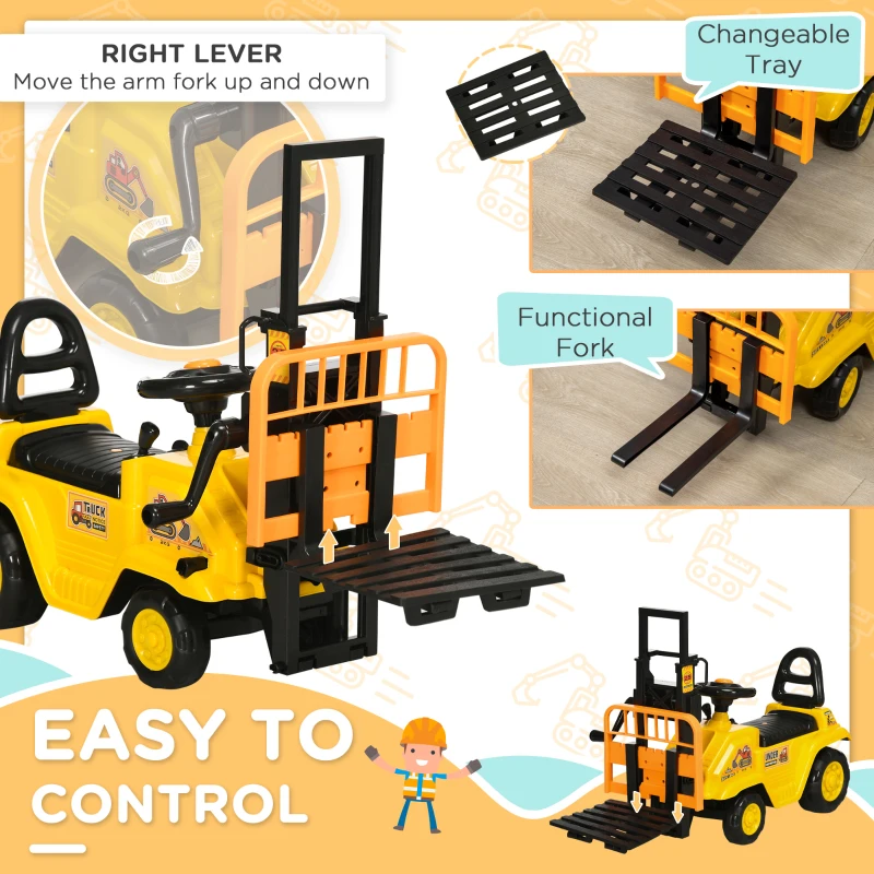 Aosom Sit and Scoot Ride-on Toy with Forklift Operation, Construction Toys for Kids with Under Seat Storage, Forklift Toy