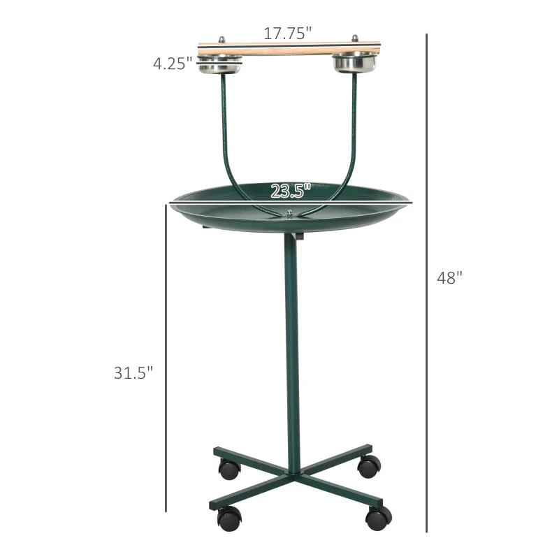 PawHut 48" Rolling T-Stand, Parrot Stand, Bird Training Activity Playground With Wheels and Perch,, Bird Play Perch, Green