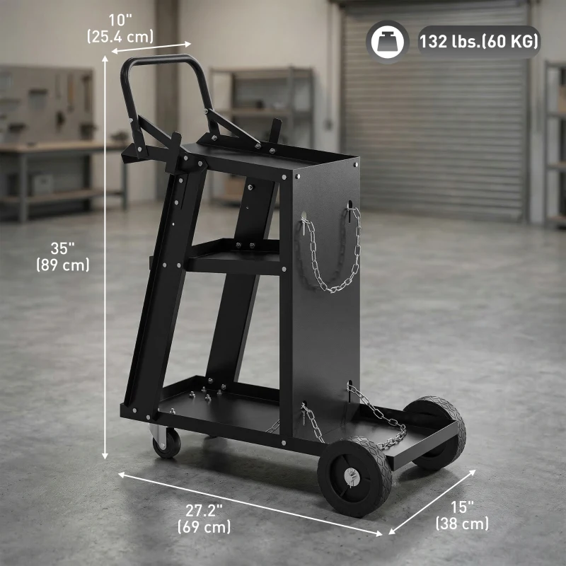 HOMCOM Welding Utility Cart 3-Tier Heavy Duty Rolling Tool Cart with Gas Cylinder Holder Black