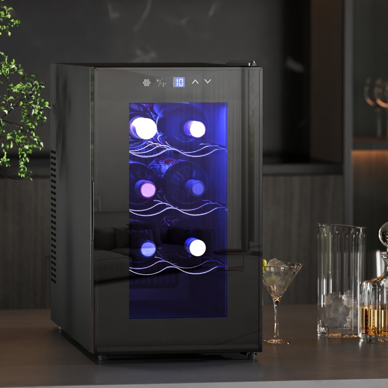 HOMCOM Quiet Wine Cooler Refrigerator, 8 Bottle, Beverage Wine Fridge with Glass Door, Temperature Control, for Champagne