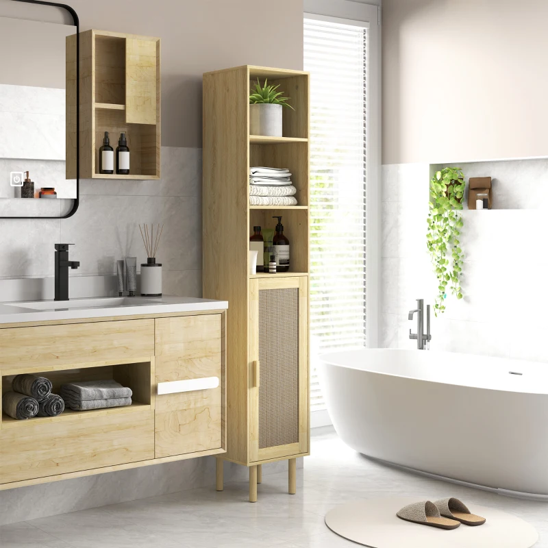HOMCOM Tall Bathroom Cabinet with Rattan Doors, Freestanding Bathroom Storage Cabinet with Adjustable Shelves, Distressed Oak