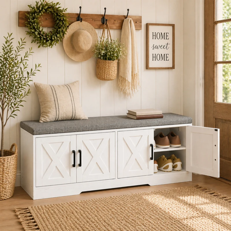 HOMCOM Shoe Bench with Cushion Shoe Storage Bench with Doors Adjustable Shelves for Entryway, White