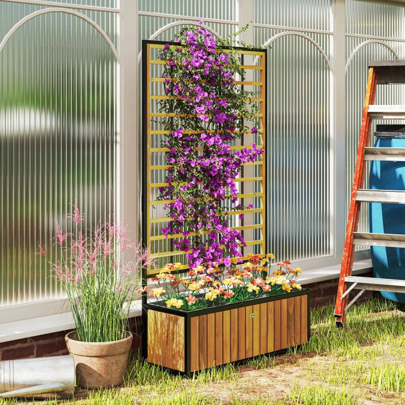 Outsunny Wooden Raised Garden Bed with Trellis, Removable Pots for Backyard, Patio, Balcony, 29" x 11" x 52", Teak
